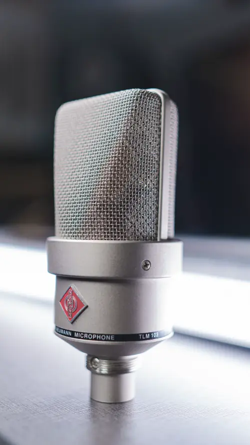 Close-up of a condenser microphone in a studio.
